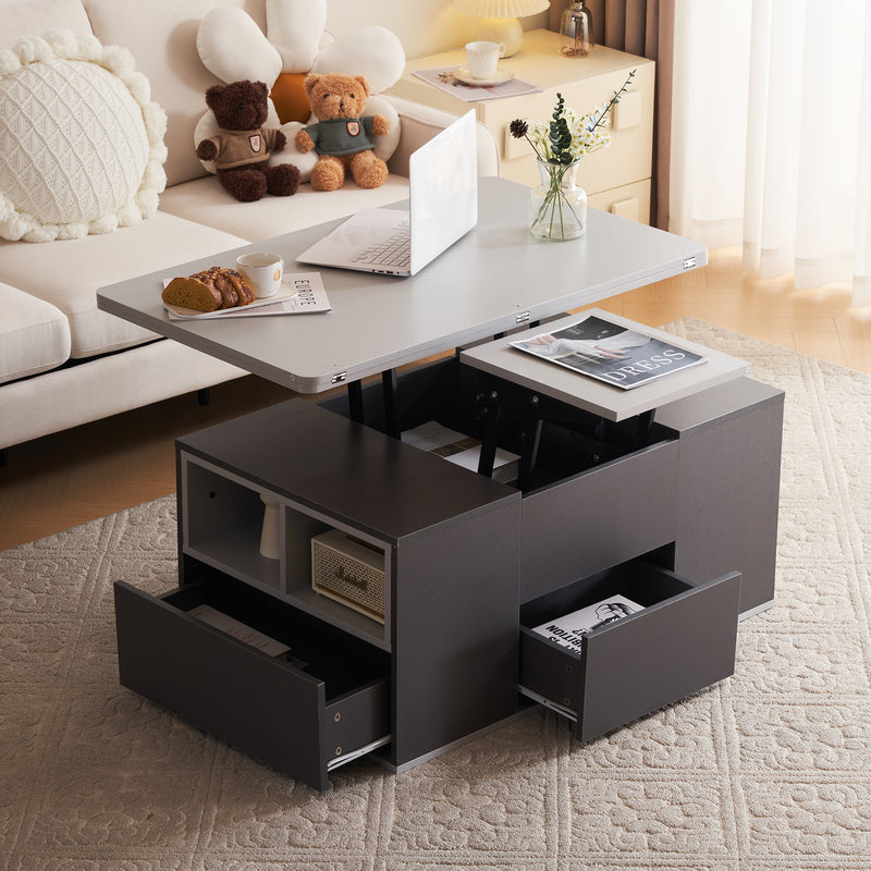Table Basse Modulable Grise avec Plateau Relevable, 3 Tiroirs et Rangement Intégré SCODS