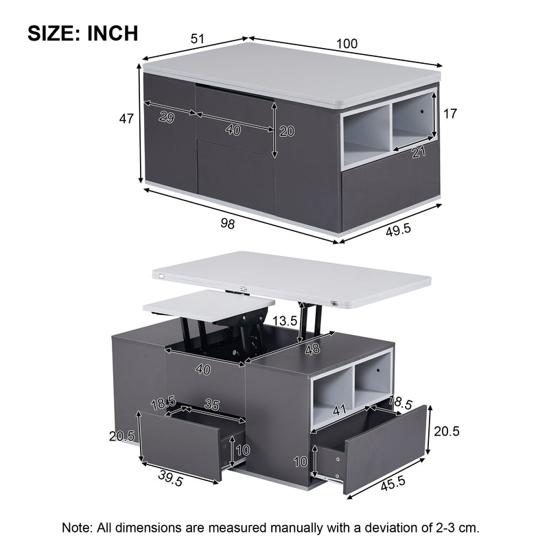 Table Basse Modulable Grise avec Plateau Relevable, 3 Tiroirs et Rangement Intégré SCODS