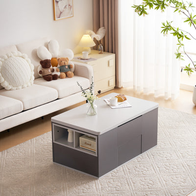 Table Basse Modulable Grise avec Plateau Relevable, 3 Tiroirs et Rangement Intégré SCODS