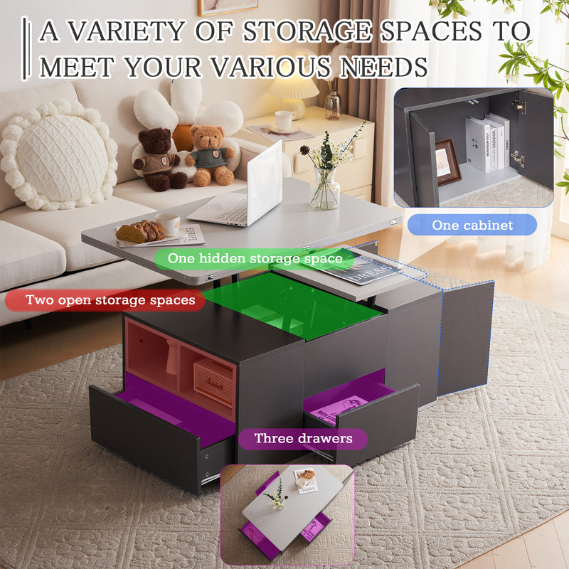 Table Basse Modulable Grise avec Plateau Relevable, 3 Tiroirs et Rangement Intégré SCODS