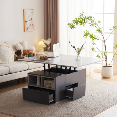Table Basse Modulable Grise avec Plateau Relevable, 3 Tiroirs et Rangement Intégré SCODS