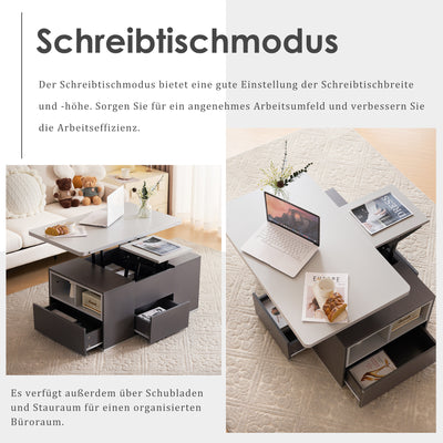 Table Basse Modulable Grise avec Plateau Relevable, 3 Tiroirs et Rangement Intégré SCODS