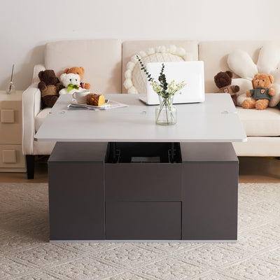 Table Basse Modulable Grise avec Plateau Relevable, 3 Tiroirs et Rangement Intégré SCODS