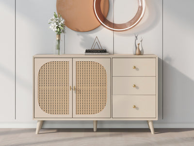 Buffet Crème Moderne avec Portes "Push-to-Open" et Tiroirs – Design en Rotin PE SHAIZON