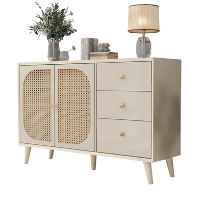 Buffet Crème Moderne avec Portes "Push-to-Open" et Tiroirs – Design en Rotin PE SHAIZON