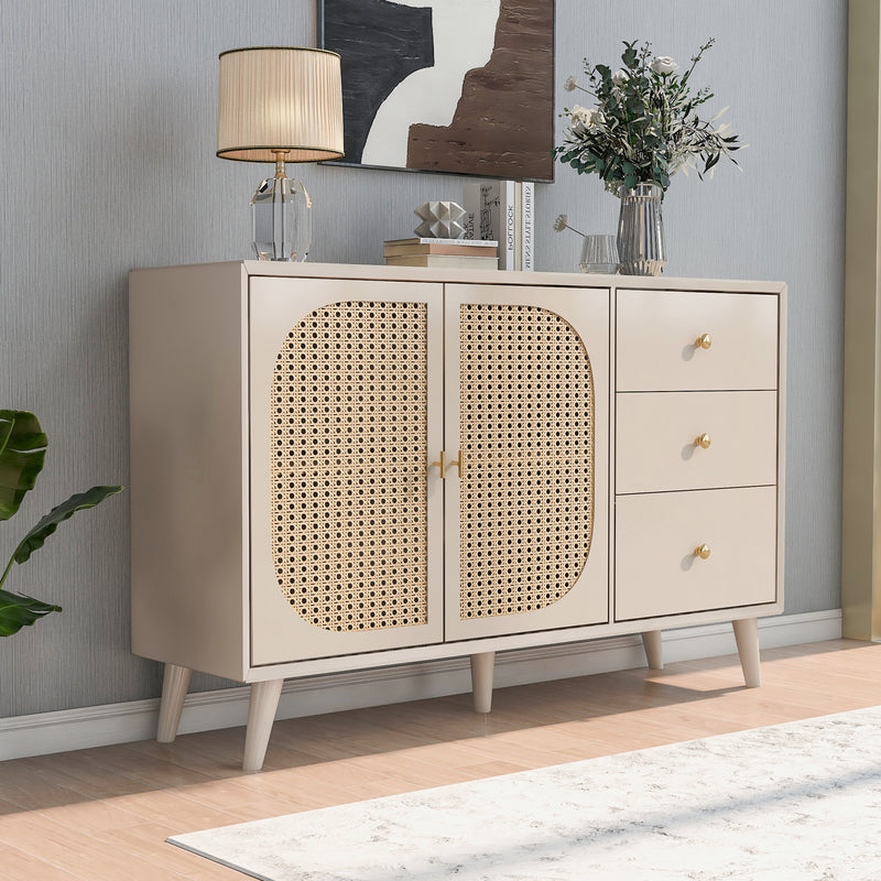 Buffet Crème Moderne avec Portes "Push-to-Open" et Tiroirs – Design en Rotin PE SHAIZON
