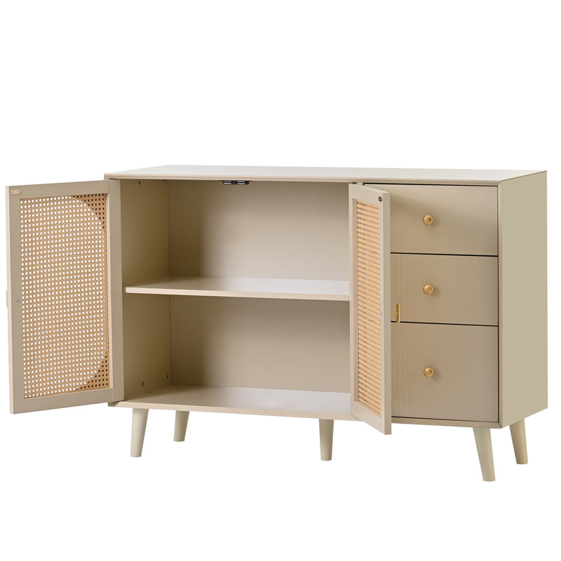 Buffet Crème Moderne avec Portes "Push-to-Open" et Tiroirs – Design en Rotin PE SHAIZON