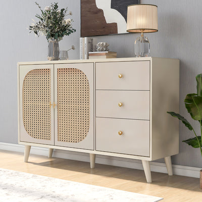 Buffet Crème Moderne avec Portes "Push-to-Open" et Tiroirs – Design en Rotin PE SHAIZON