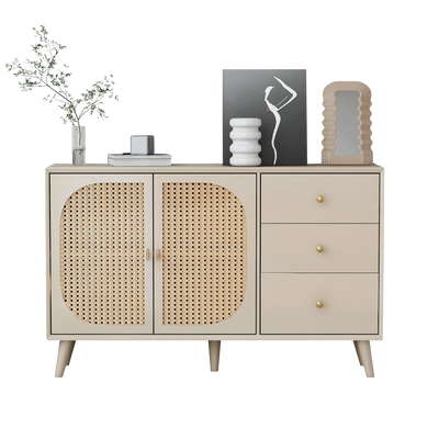 Buffet Crème Moderne avec Portes "Push-to-Open" et Tiroirs – Design en Rotin PE SHAIZON