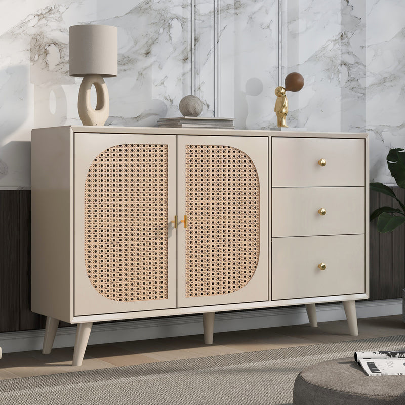 Buffet Crème Moderne avec Portes "Push-to-Open" et Tiroirs – Design en Rotin PE SHAIZON
