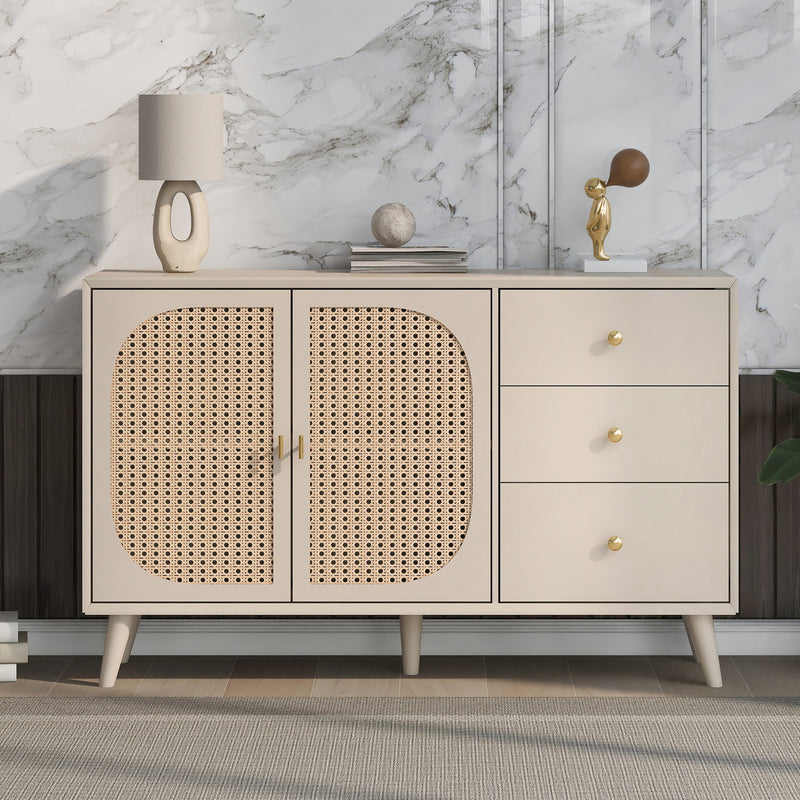 Buffet Crème Moderne avec Portes "Push-to-Open" et Tiroirs – Design en Rotin PE SHAIZON
