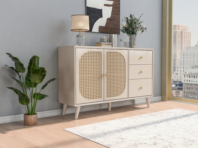 Buffet Crème Moderne avec Portes "Push-to-Open" et Tiroirs – Design en Rotin PE SHAIZON