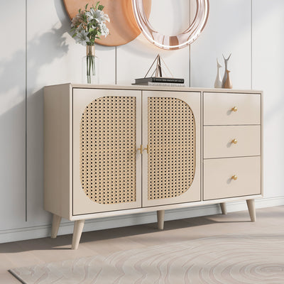 Buffet Crème Moderne avec Portes "Push-to-Open" et Tiroirs – Design en Rotin PE SHAIZON