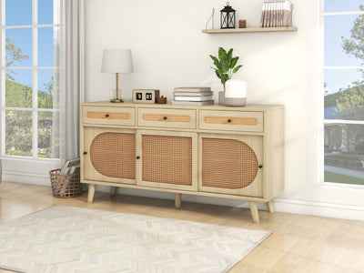 Buffet Chêne Naturel de 140 cm avec Portes en Rotin Synthétique et Rangement Modulable SHAUGRO