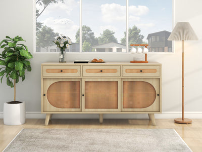 Buffet Chêne Naturel de 140 cm avec Portes en Rotin Synthétique et Rangement Modulable SHAUGRO