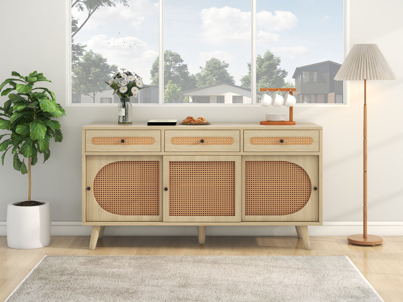 Buffet Chêne Naturel de 140 cm avec Portes en Rotin Synthétique et Rangement Modulable SHAUGRO
