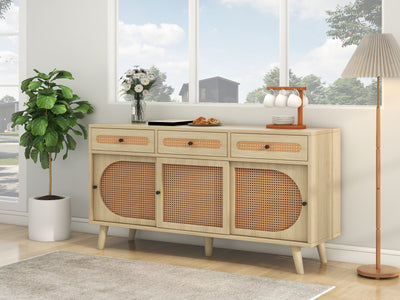 Buffet Chêne Naturel de 140 cm avec Portes en Rotin Synthétique et Rangement Modulable SHAUGRO