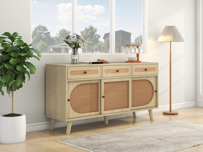 Buffet Chêne Naturel de 140 cm avec Portes en Rotin Synthétique et Rangement Modulable SHAUGRO