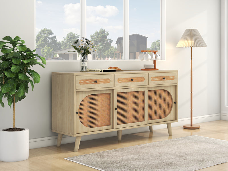 Buffet Chêne Naturel de 140 cm avec Portes en Rotin Synthétique et Rangement Modulable SHAUGRO