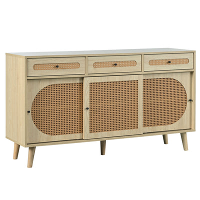 Buffet Chêne Naturel de 140 cm avec Portes en Rotin Synthétique et Rangement Modulable SHAUGRO