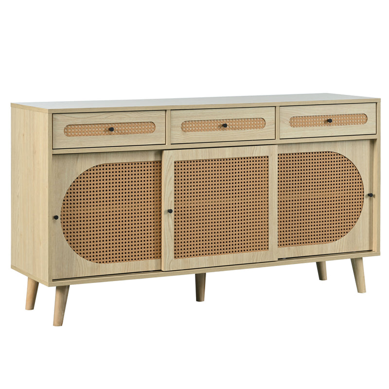 Buffet Chêne Naturel de 140 cm avec Portes en Rotin Synthétique et Rangement Modulable SHAUGRO