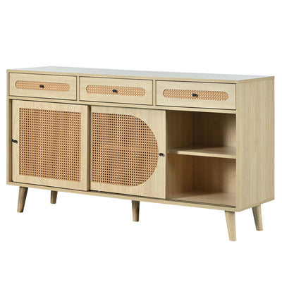 Buffet Chêne Naturel de 140 cm avec Portes en Rotin Synthétique et Rangement Modulable SHAUGRO