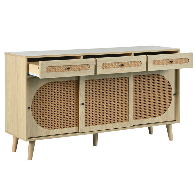 Buffet Chêne Naturel de 140 cm avec Portes en Rotin Synthétique et Rangement Modulable SHAUGRO