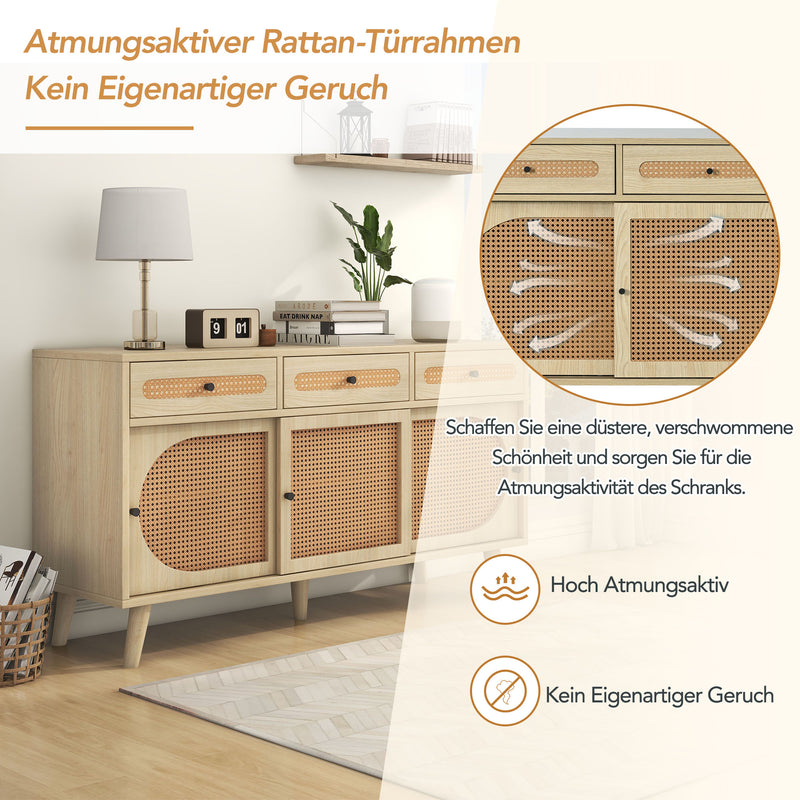 Buffet Chêne Naturel de 140 cm avec Portes en Rotin Synthétique et Rangement Modulable SHAUGRO