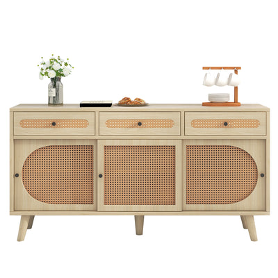 Buffet Chêne Naturel de 140 cm avec Portes en Rotin Synthétique et Rangement Modulable SHAUGRO