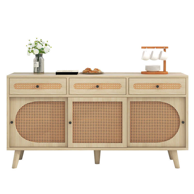 Buffet Chêne Naturel de 140 cm avec Portes en Rotin Synthétique et Rangement Modulable SHAUGRO