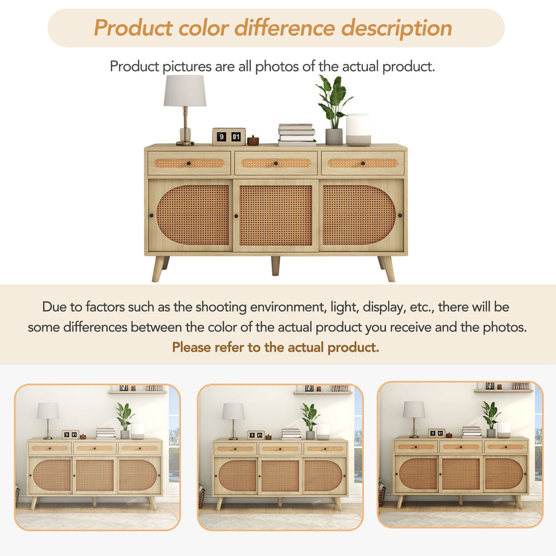 Buffet Chêne Naturel de 140 cm avec Portes en Rotin Synthétique et Rangement Modulable SHAUGRO