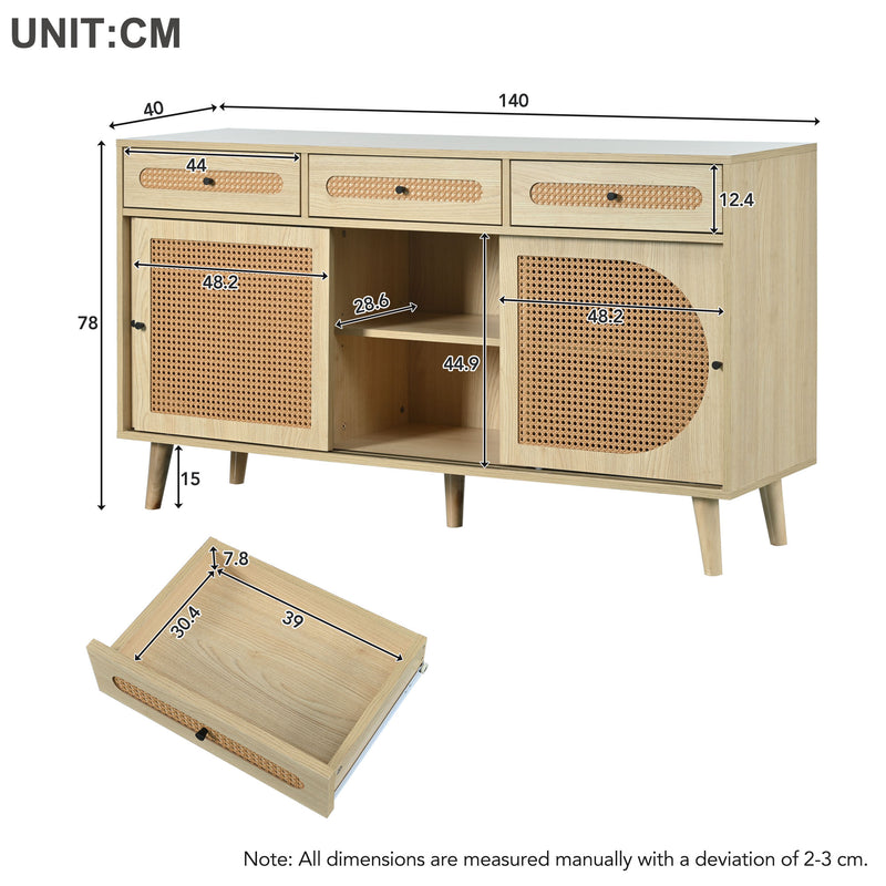 Buffet Chêne Naturel de 140 cm avec Portes en Rotin Synthétique et Rangement Modulable SHAUGRO