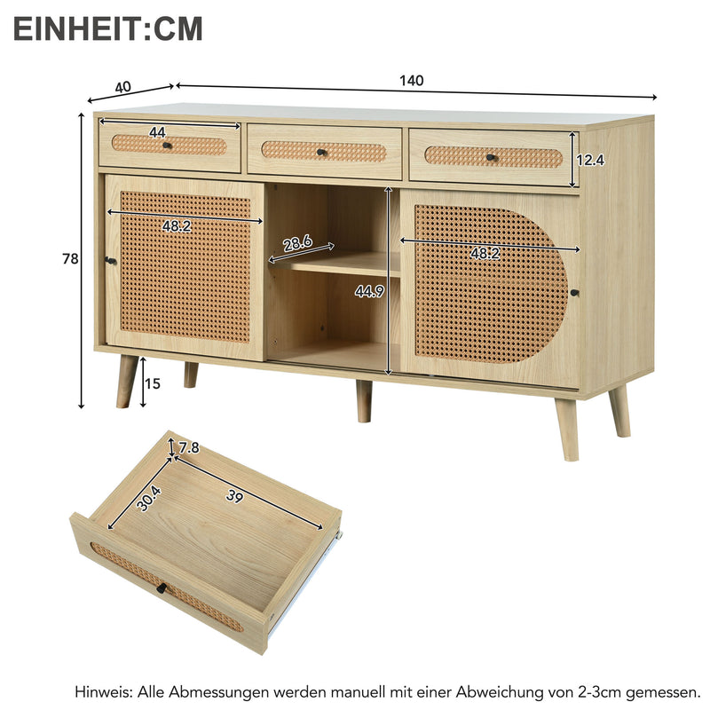 Buffet Chêne Naturel de 140 cm avec Portes en Rotin Synthétique et Rangement Modulable SHAUGRO