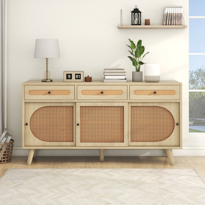 Buffet Chêne Naturel de 140 cm avec Portes en Rotin Synthétique et Rangement Modulable SHAUGRO
