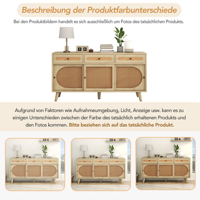 Buffet Chêne Naturel de 140 cm avec Portes en Rotin Synthétique et Rangement Modulable SHAUGRO
