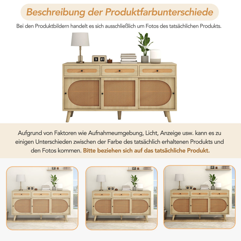 Buffet Chêne Naturel de 140 cm avec Portes en Rotin Synthétique et Rangement Modulable SHAUGRO
