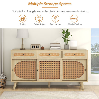 Buffet Chêne Naturel de 140 cm avec Portes en Rotin Synthétique et Rangement Modulable SHAUGRO