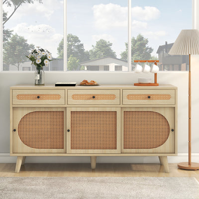 Buffet Chêne Naturel de 140 cm avec Portes en Rotin Synthétique et Rangement Modulable SHAUGRO