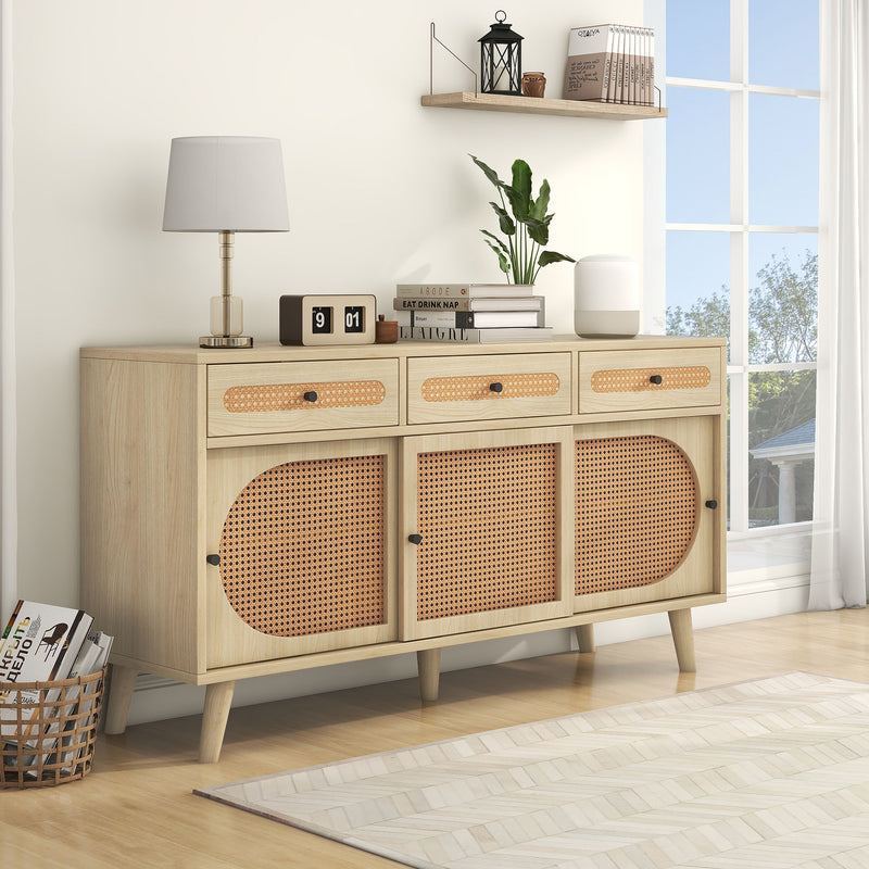 Buffet Chêne Naturel de 140 cm avec Portes en Rotin Synthétique et Rangement Modulable SHAUGRO