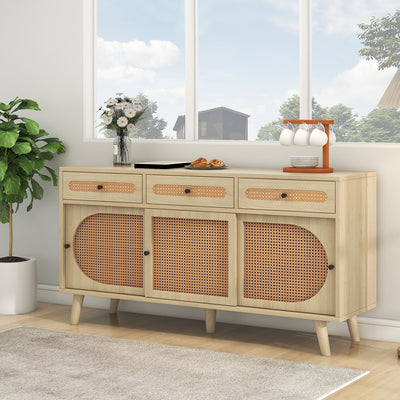 Buffet Chêne Naturel de 140 cm avec Portes en Rotin Synthétique et Rangement Modulable SHAUGRO