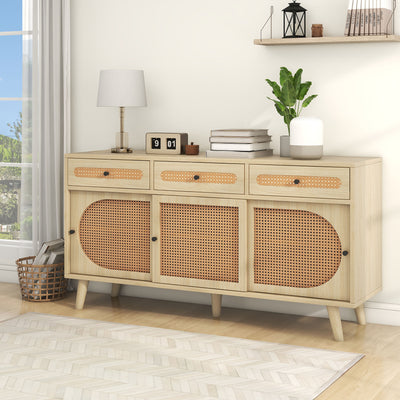 Buffet Chêne Naturel de 140 cm avec Portes en Rotin Synthétique et Rangement Modulable SHAUGRO