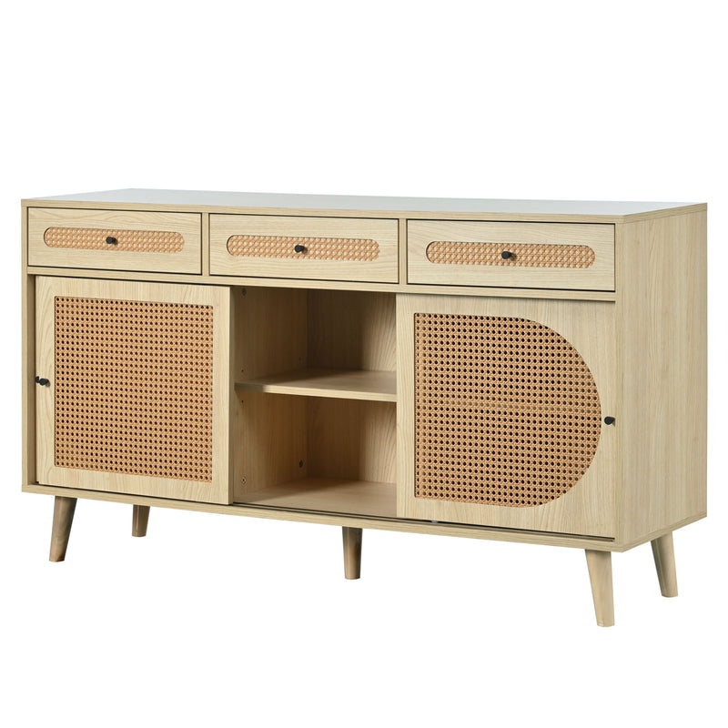 Buffet Chêne Naturel de 140 cm avec Portes en Rotin Synthétique et Rangement Modulable SHAUGRO