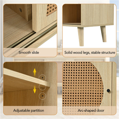 Buffet Chêne Naturel de 140 cm avec Portes en Rotin Synthétique et Rangement Modulable SHAUGRO