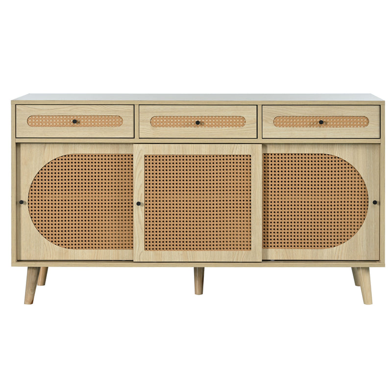 Buffet Chêne Naturel de 140 cm avec Portes en Rotin Synthétique et Rangement Modulable SHAUGRO