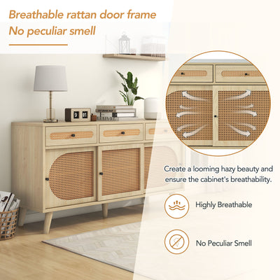 Buffet Chêne Naturel de 140 cm avec Portes en Rotin Synthétique et Rangement Modulable SHAUGRO