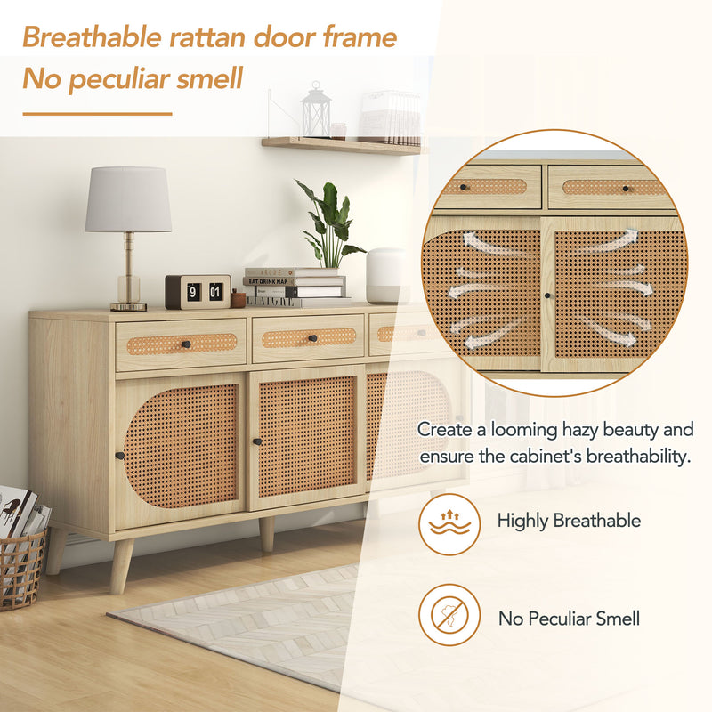 Buffet Chêne Naturel de 140 cm avec Portes en Rotin Synthétique et Rangement Modulable SHAUGRO