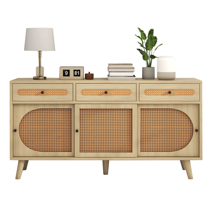 Buffet Chêne Naturel de 140 cm avec Portes en Rotin Synthétique et Rangement Modulable SHAUGRO