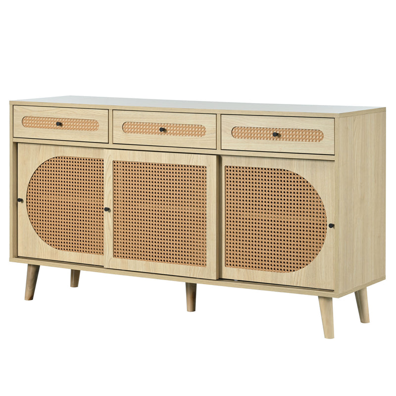 Buffet Chêne Naturel de 140 cm avec Portes en Rotin Synthétique et Rangement Modulable SHAUGRO