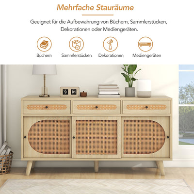 Buffet Chêne Naturel de 140 cm avec Portes en Rotin Synthétique et Rangement Modulable SHAUGRO