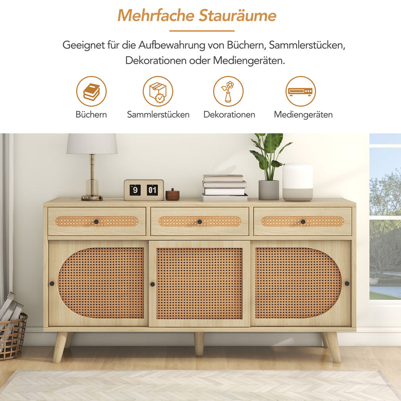 Buffet Chêne Naturel de 140 cm avec Portes en Rotin Synthétique et Rangement Modulable SHAUGRO